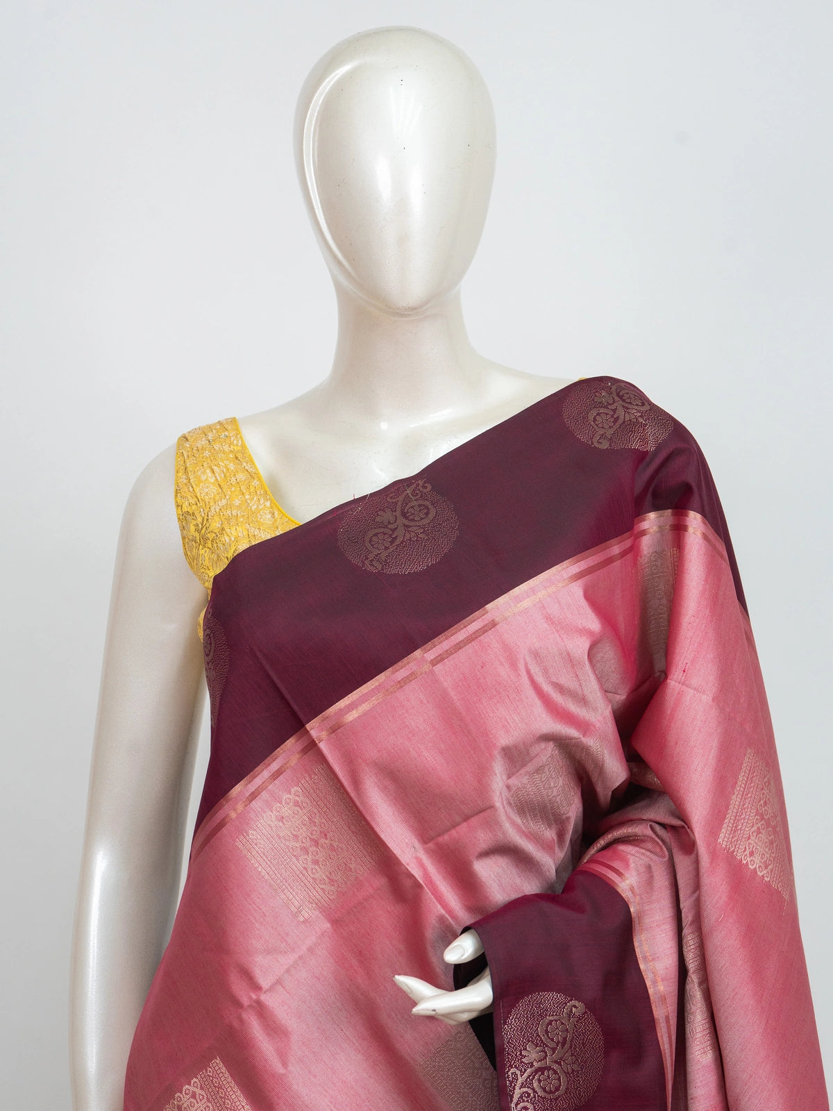 Pink Kanchipuram fancy silk saree with wine contrast border and gold zari buttas