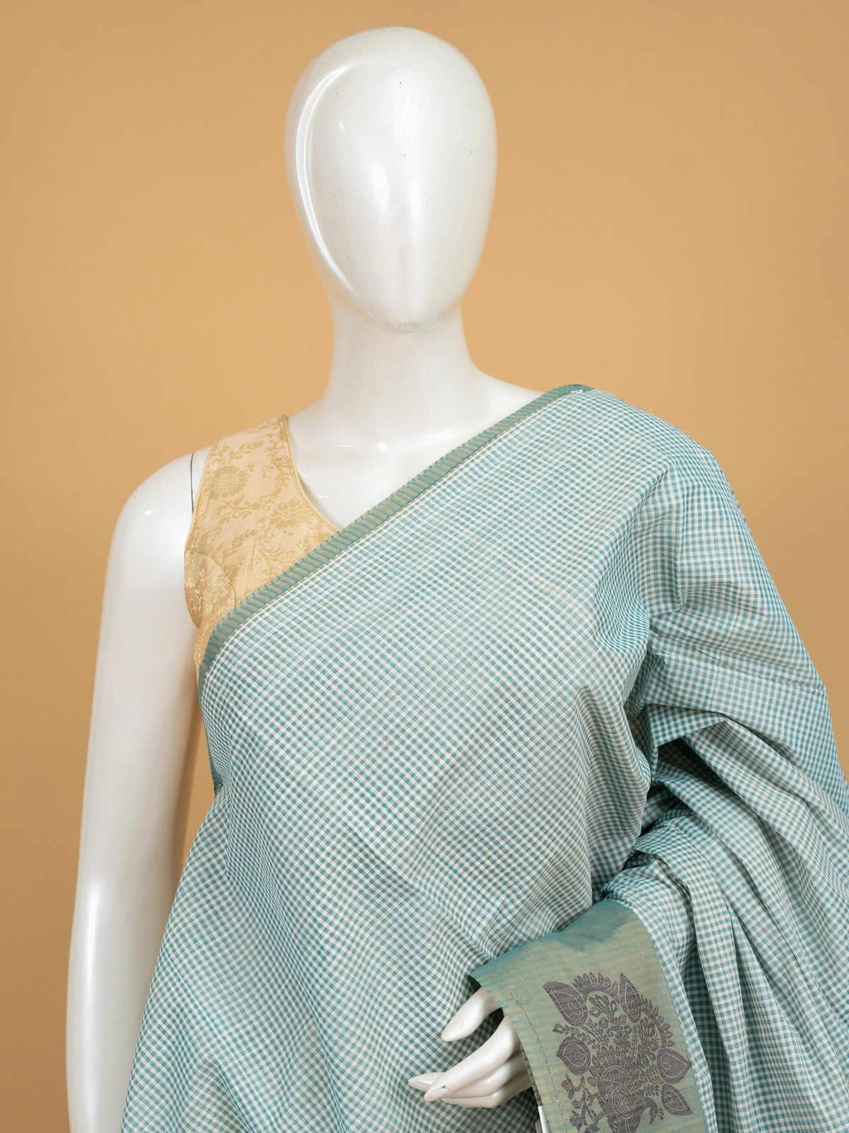 Aqua blue and teal checked silk cotton saree with contrast woven paisley and floral pallu