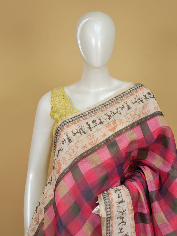 Pink and cream checked linen cotton saree with Warli tribal print border and contrast yellow blouse