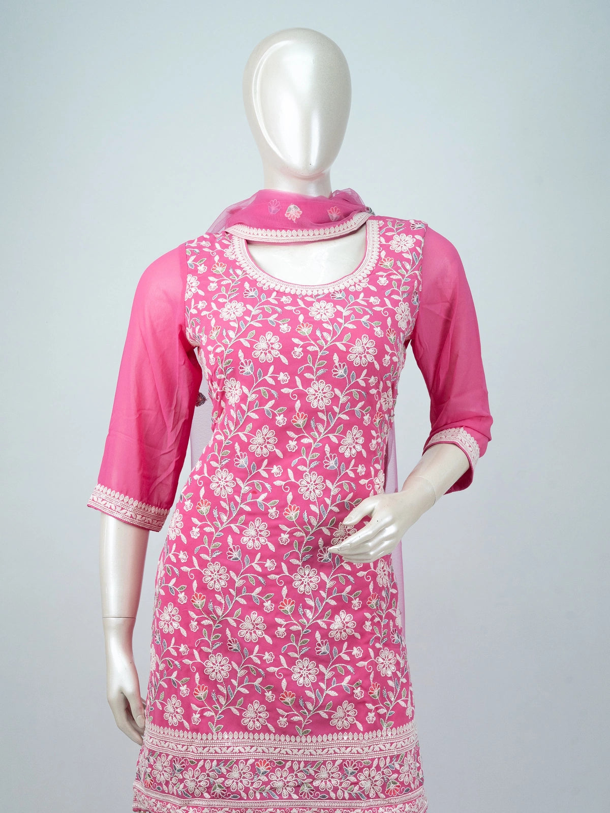 Pink floral embroidered georgette straight cut kurti set with sharara and net dupatta