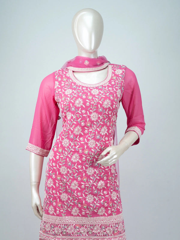 Pink floral embroidered georgette straight cut kurti set with sharara and net dupatta
