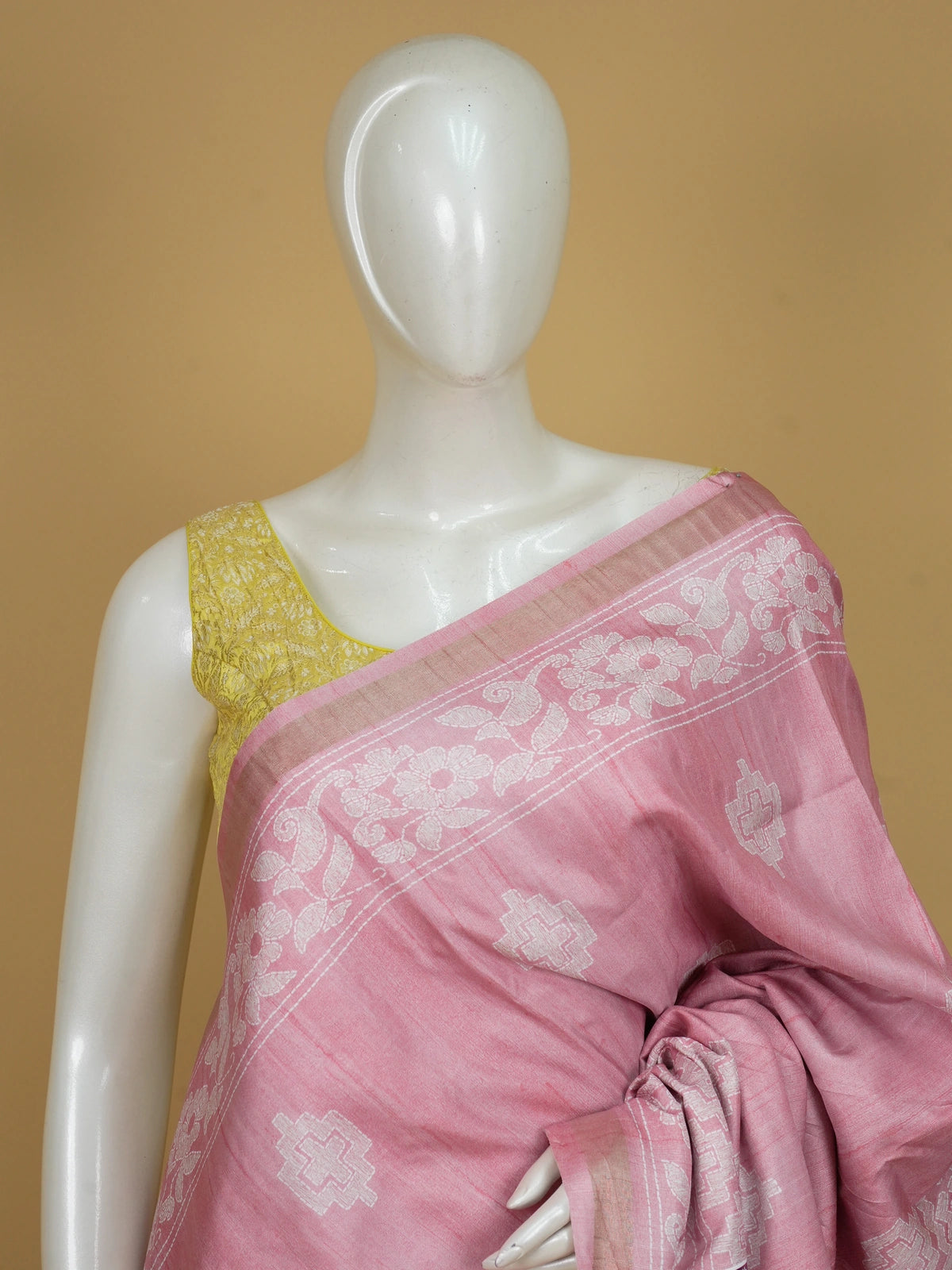 Rose pink Dola silk saree with white woven floral and geometric motifs and tissue border
