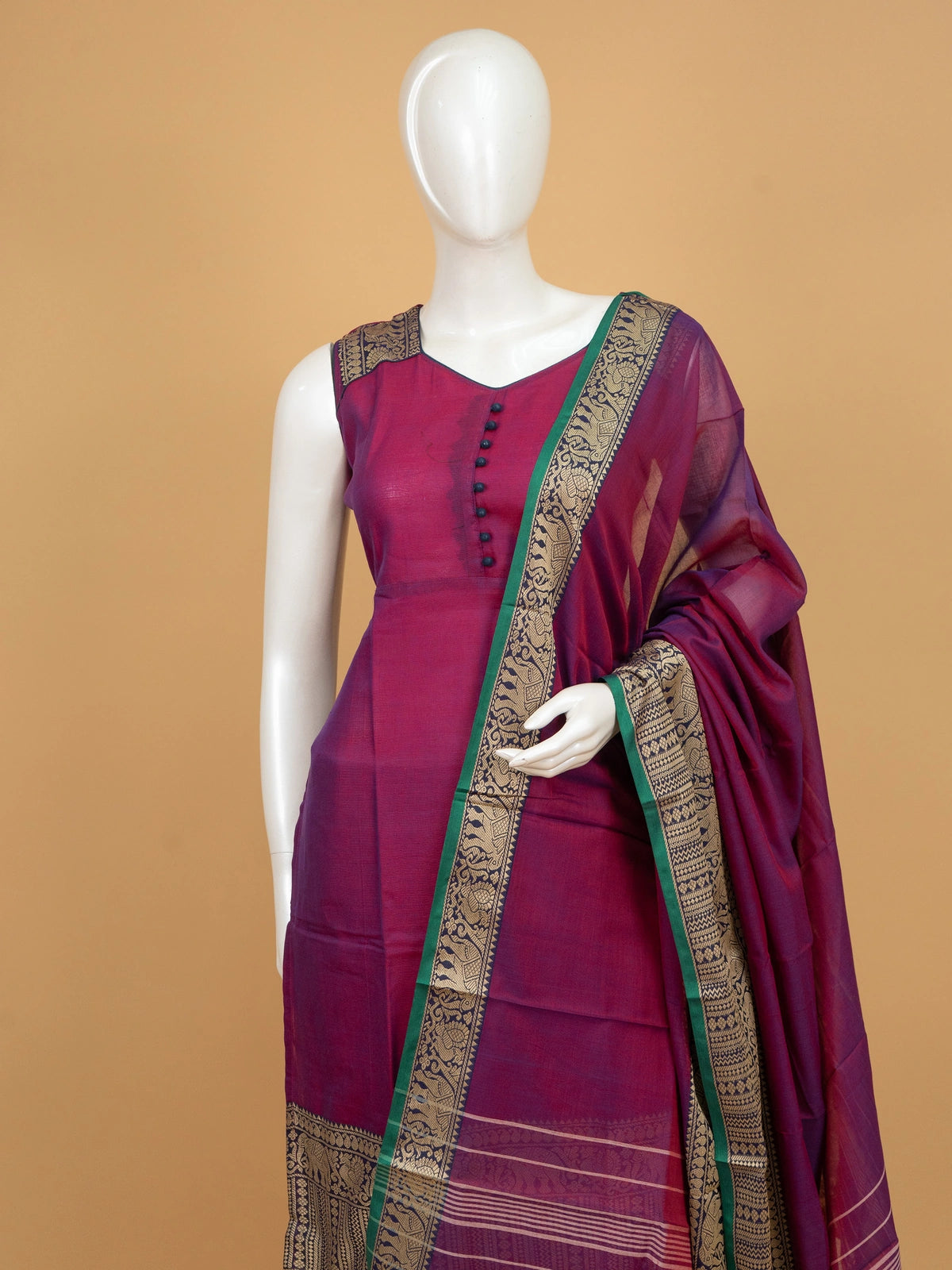 Magenta cotton silk straight cut kurti set with zari elephant motif border and matching dupatta