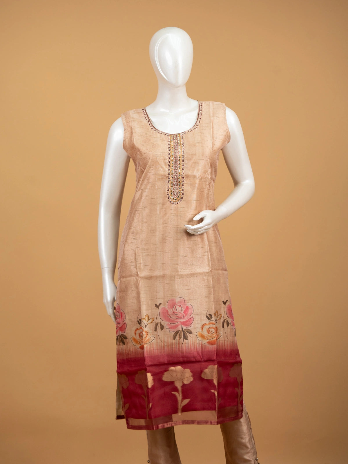 Beige floral tussar silk mirror work straight cut kurti set with printed dupatta