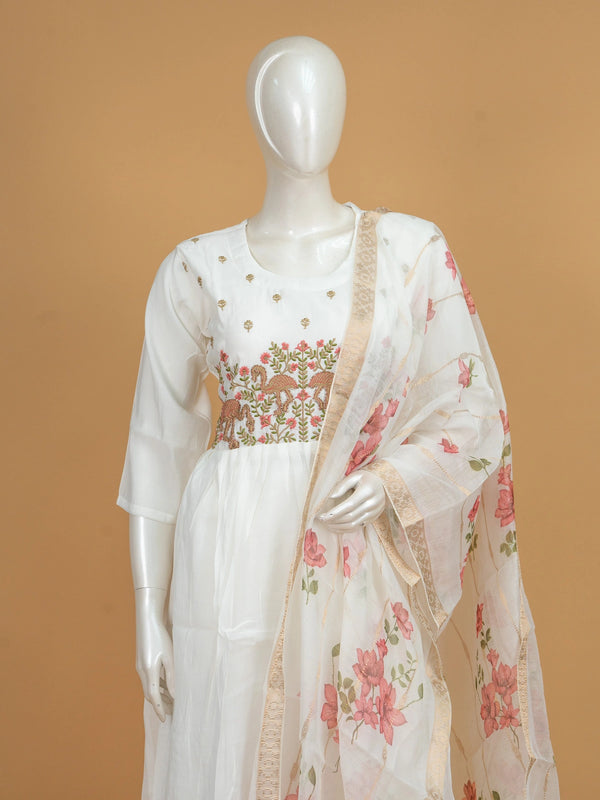 White flamingo embroidered cotton Anarkali kurti set with floral printed dupatta
