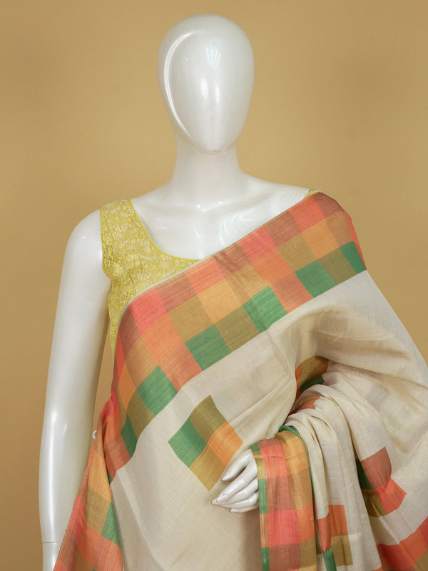 Cream linen cotton saree with multicoloured checked border, scattered square motifs and checked pallu