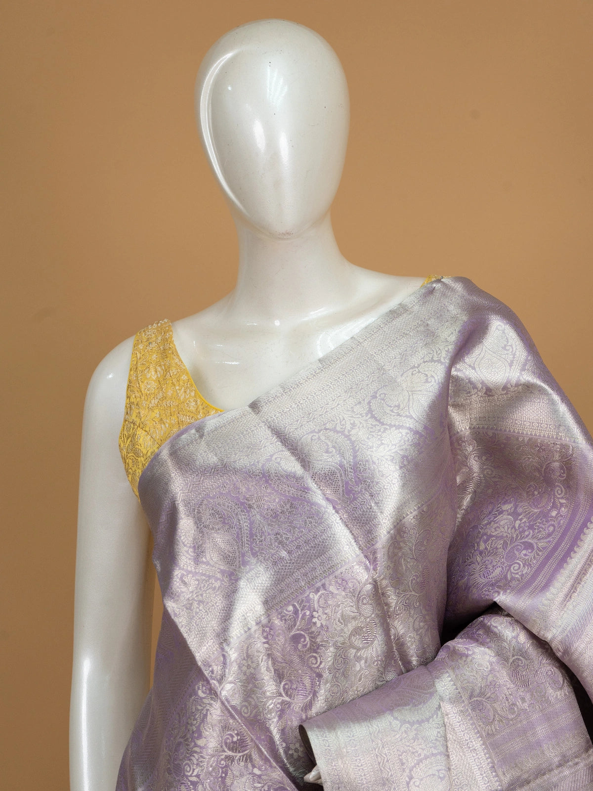 Lavender pure Kanchipuram silk saree with allover silver zari brocade and broad zari border