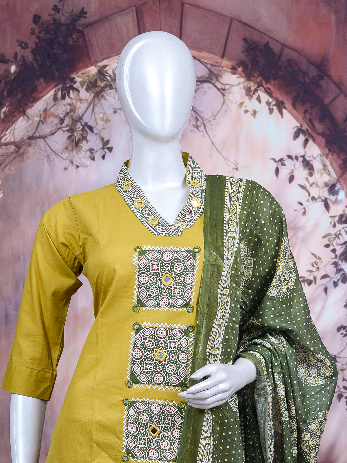 Mustard yellow cotton kurti set with mirror work embroidery and olive green printed dupatta