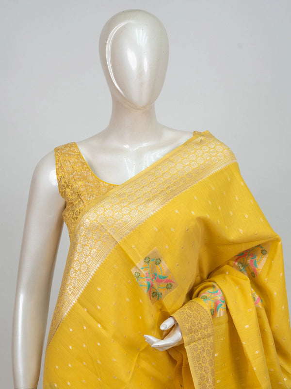 Bright yellow linen cotton saree with silver butis, multicolour bird motifs and gold zari border