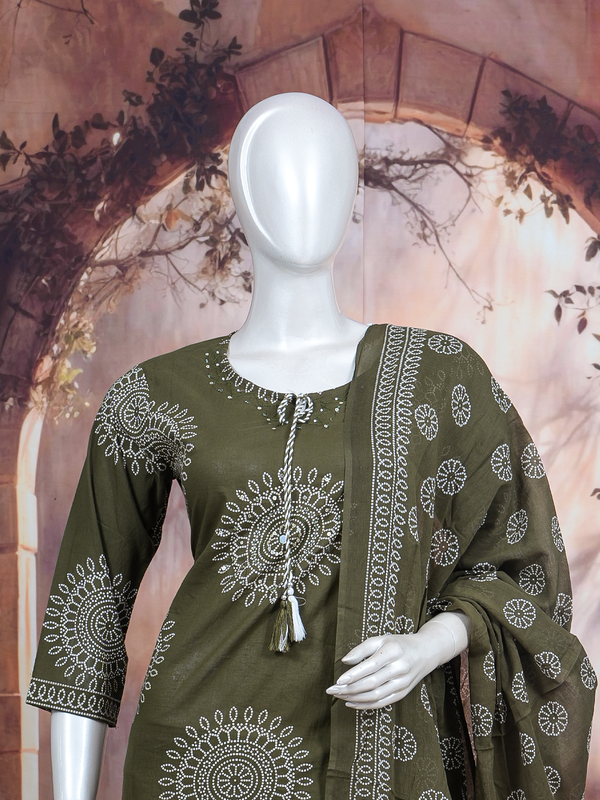 Olive green bandhani print cotton kurti set with matching palazzo pants and printed dupatta