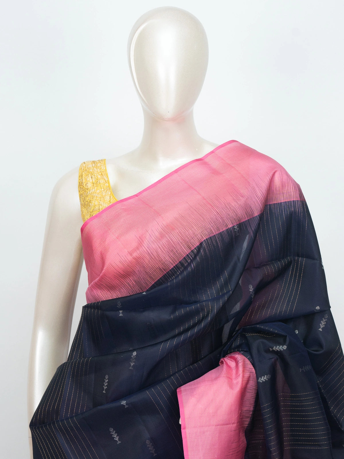 Navy blue soft silk saree with contrast pink zari border and pallu