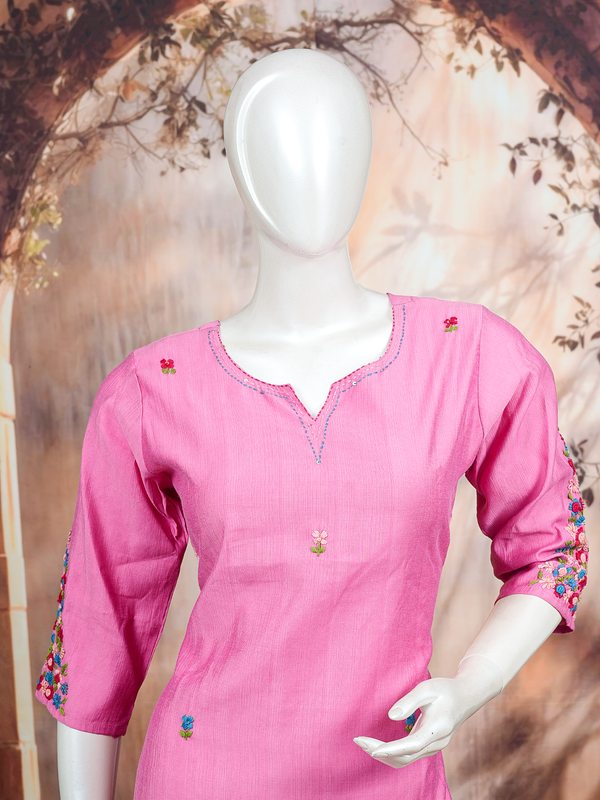 Pink floral embroidered cotton kurti set with matching straight-fit pants
