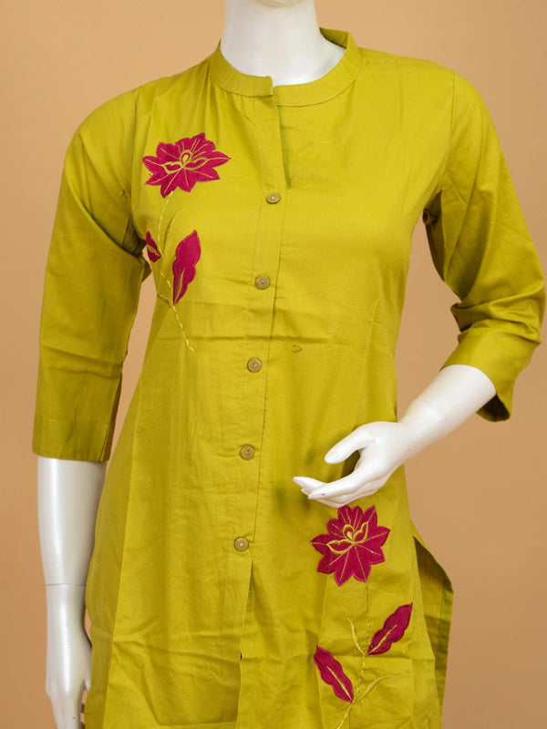 Lime green cotton co-ord kurti set with contrast pink floral embroidery and matching straight pants