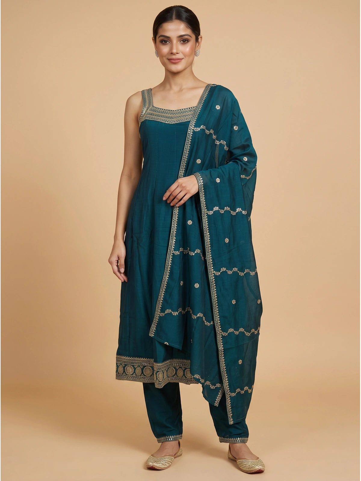 Teal embroidered art silk A-line kurti set with gold zari work and matching dupatta