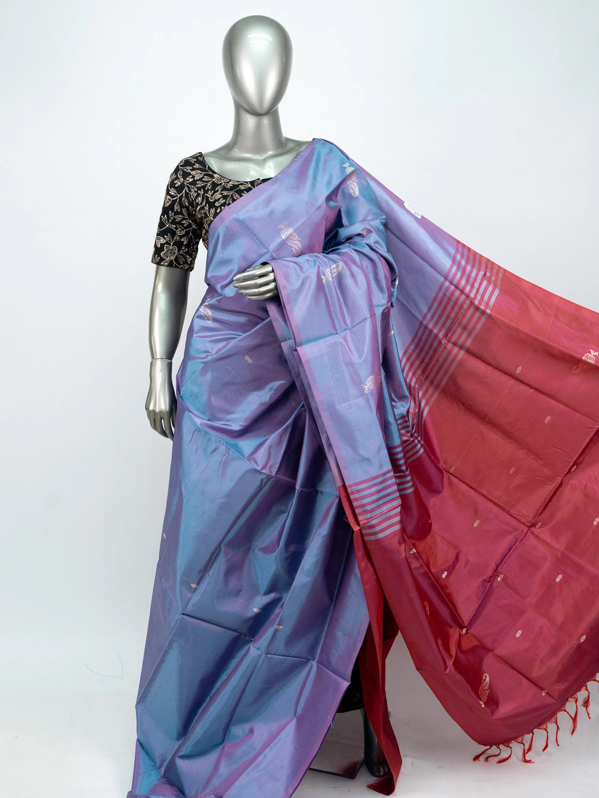 Blue and rani pink banana silk saree with gold zari paisley motifs and contrast pallu