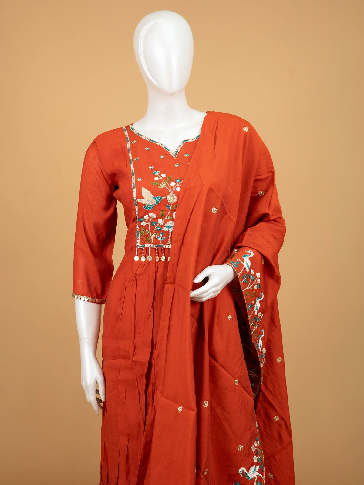 Rust Orange nature embroidered Anarkali kurti set with matching pants and embroidered dupatta