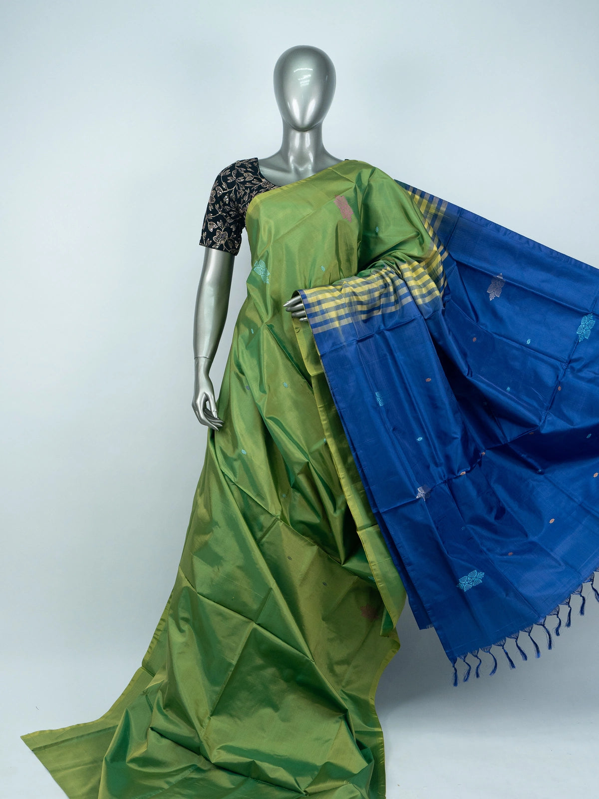 Green Banana Silk saree with royal blue contrast pallu, woven buttas and yellow-blue zari border