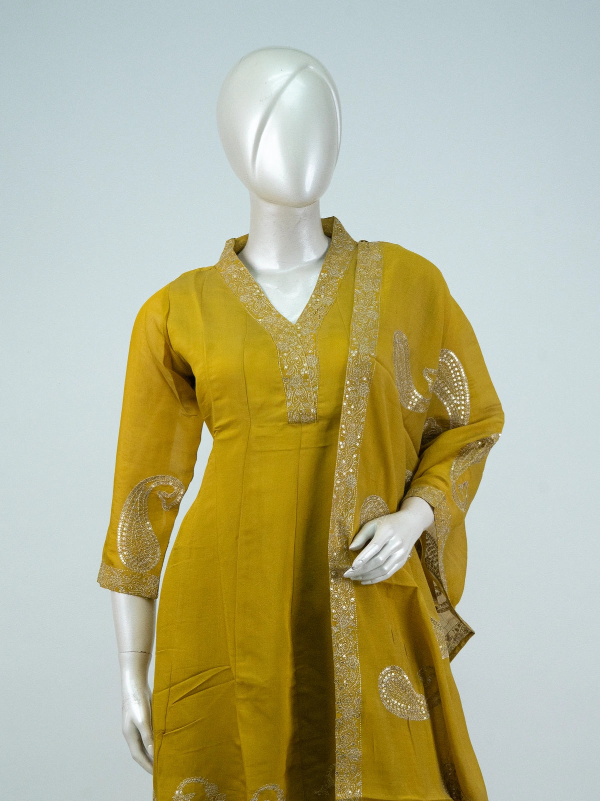 Mustard Yellow Chanderi Silk paisley embroidered Anarkali kurti set with dupatta