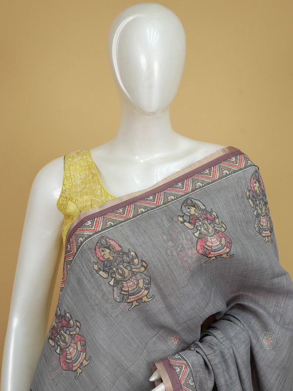 Grey linen cotton saree with Kalamkari-style figurative prints, coral chevron border and contrast mauve blouse