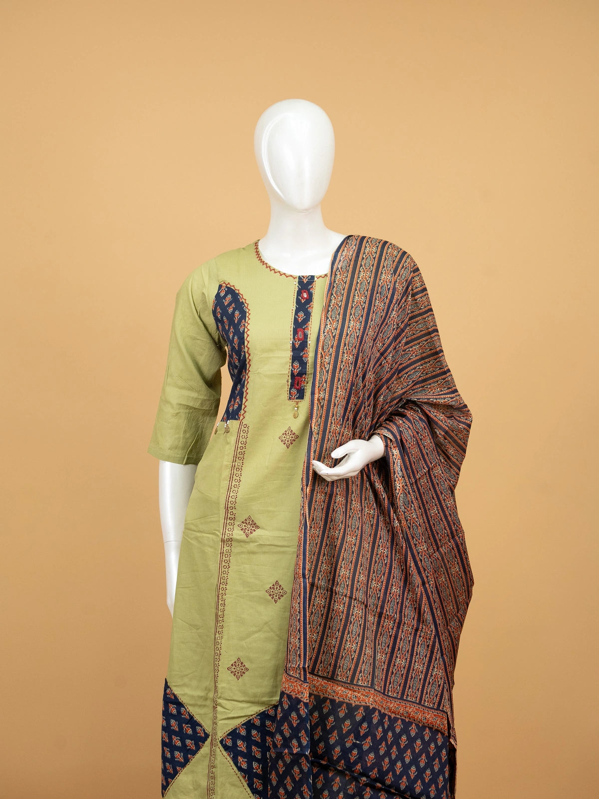 Mehendi green cotton straight cut kurti set with navy Ajrakh patchwork, kantha embroidery and printed dupatta