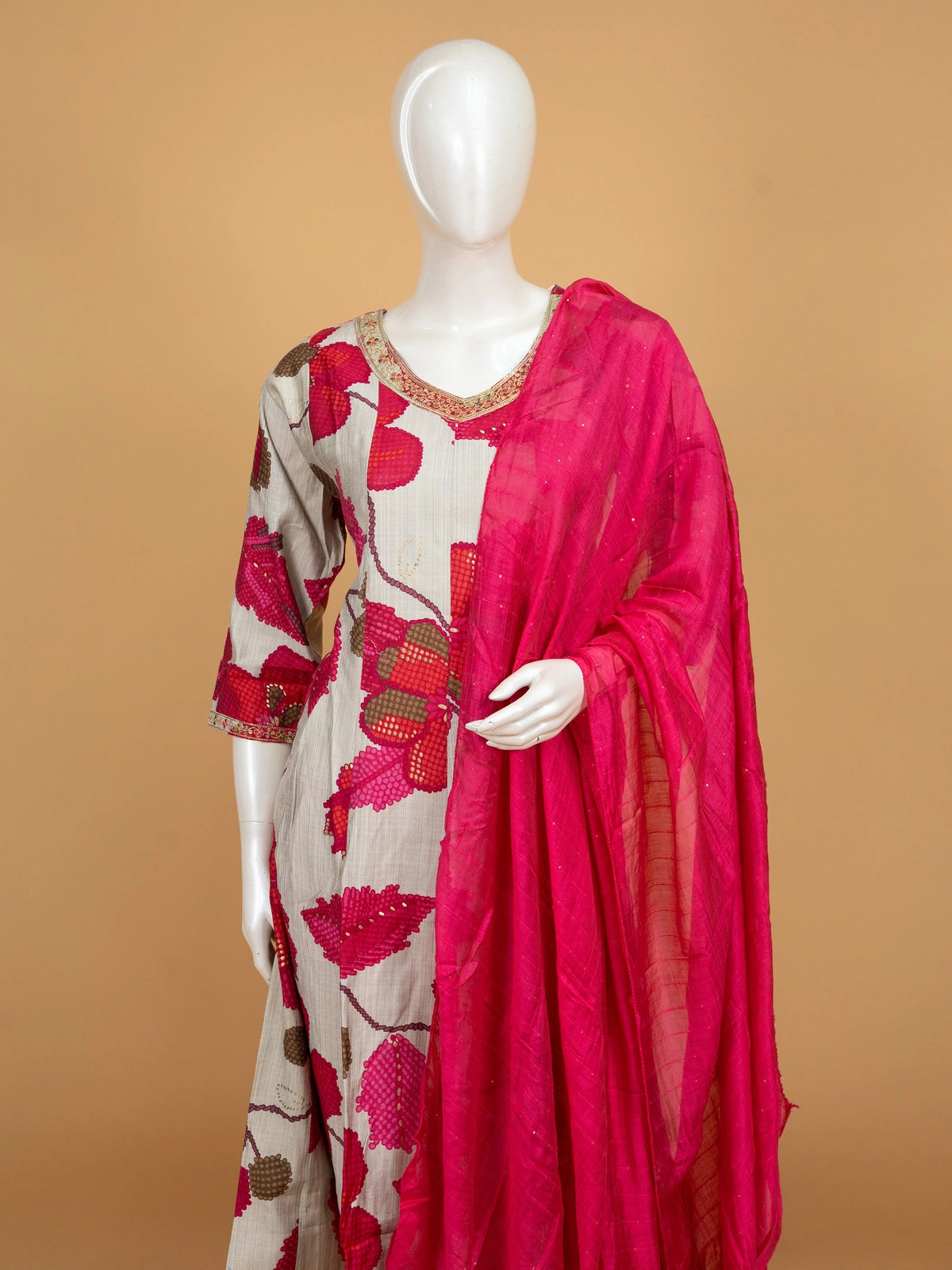 Grey floral cotton A-line kurti set with rani pink pants and sequinned dupatta