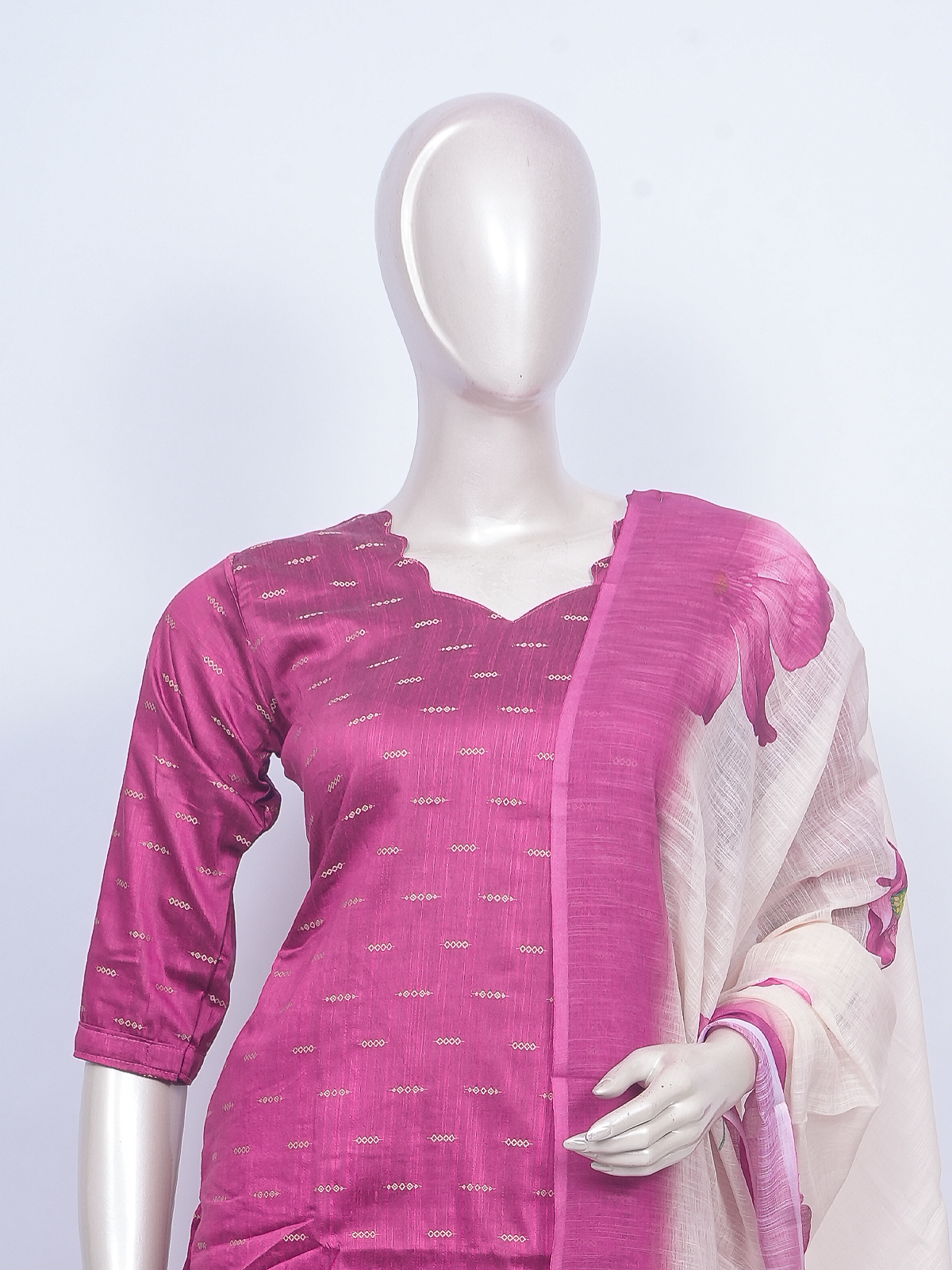 Magenta Pink cotton silk kurti set with woven zari butis and floral printed cream dupatta