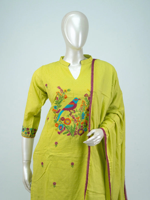 Lime green cotton straight cut kurti set with multicoloured bird embroidery and matching dupatta