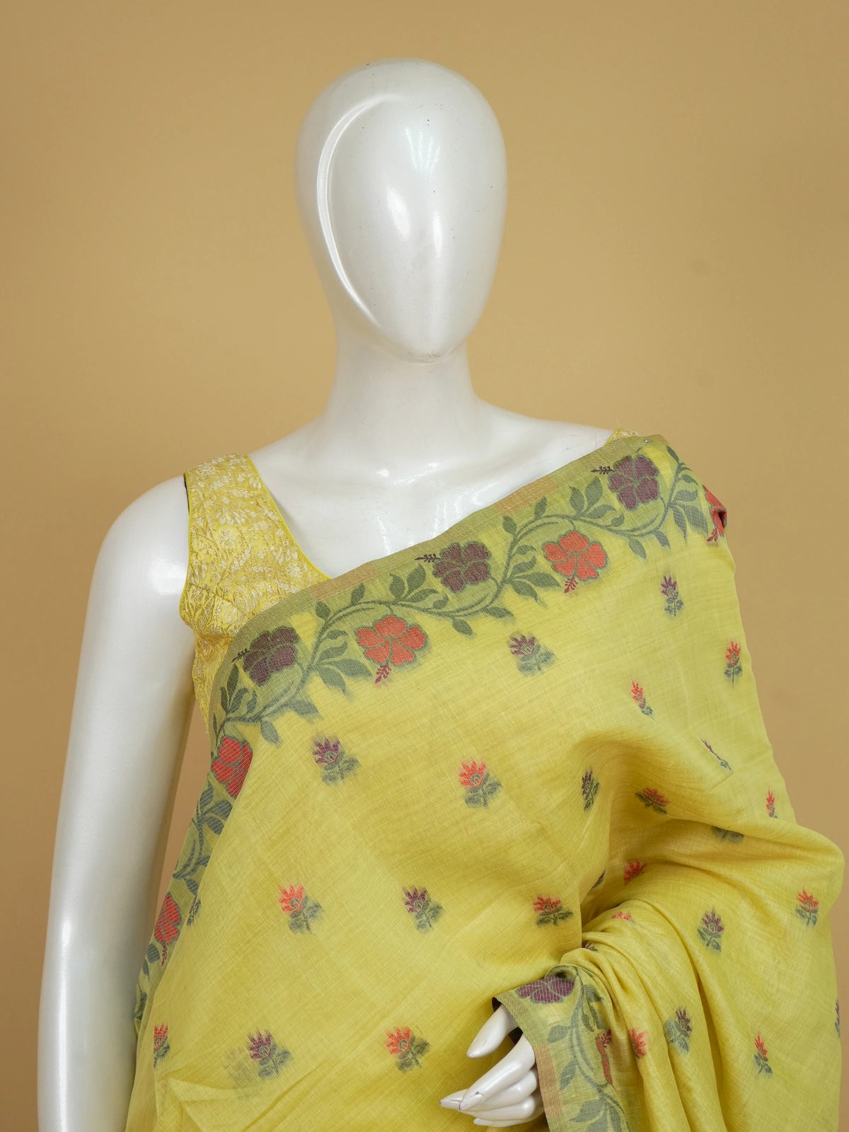Lime yellow linen cotton saree with multicolour floral buttis and woven floral vine border