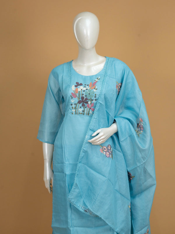 Sky blue Kota cotton straight cut kurti set with multicolour beaded floral embroidery and matching dupatta