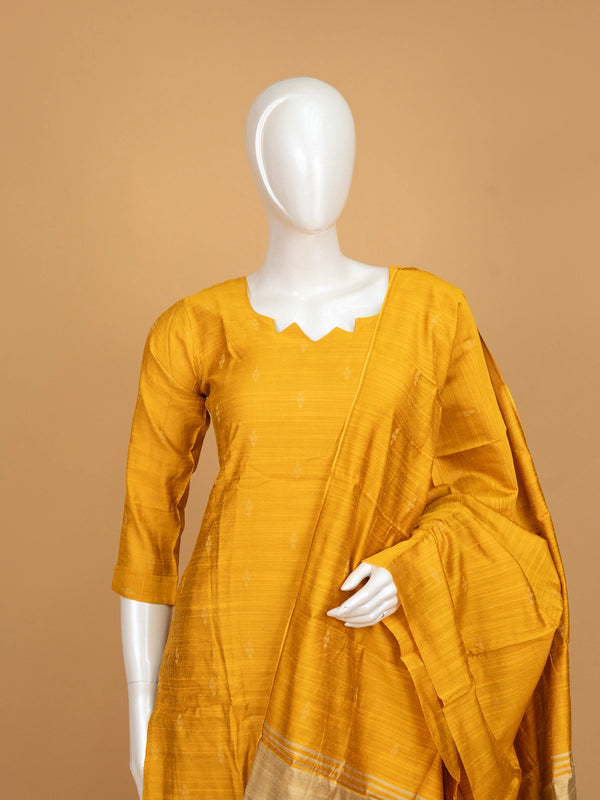 Mustard Yellow woven silk straight cut kurti set with gold zari border dupatta and beige pants