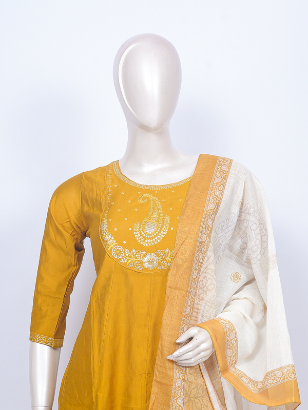 Mustard Yellow embroidered cotton kurti set with paisley yoke and cream dupatta