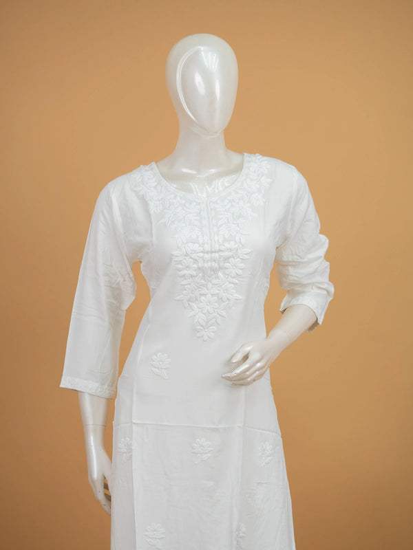 White cotton Chikankari embroidered straight cut kurti set with palazzo pants and dupatta