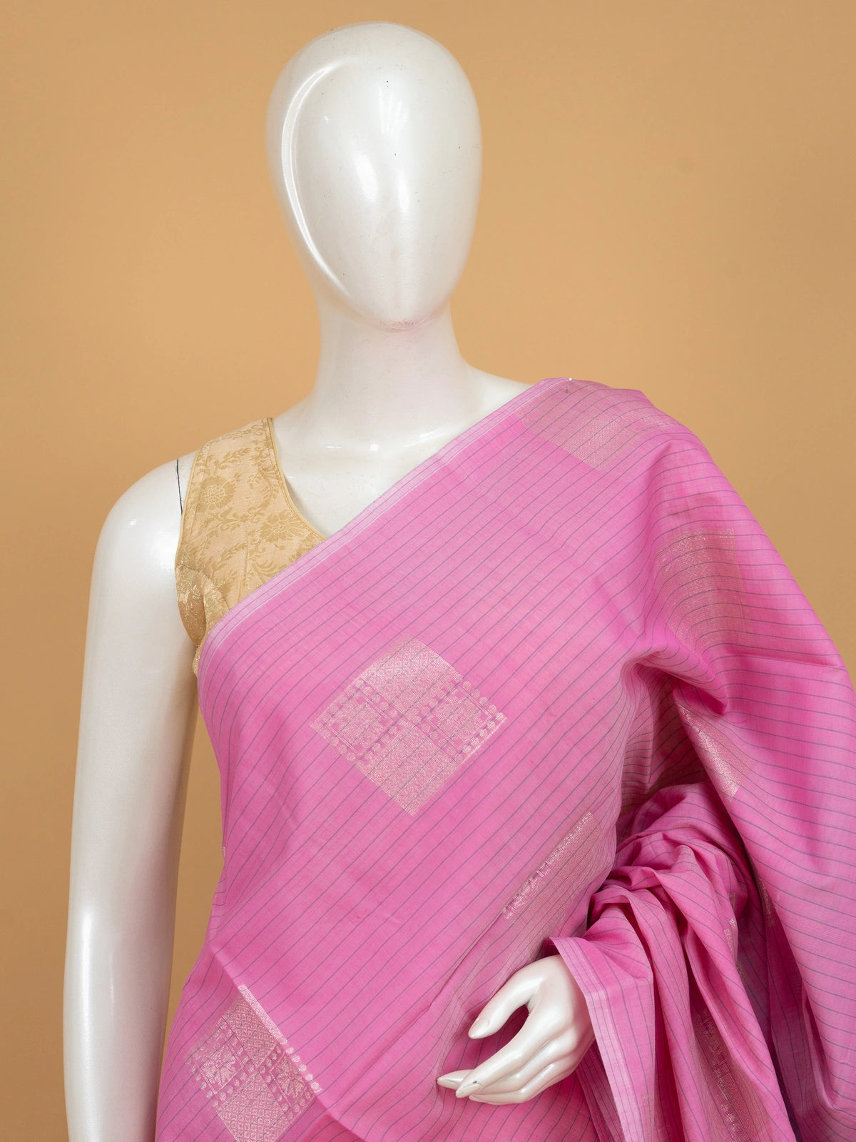 Pink silk cotton saree with silver zari buttas and contrast sky blue zari border and pallu
