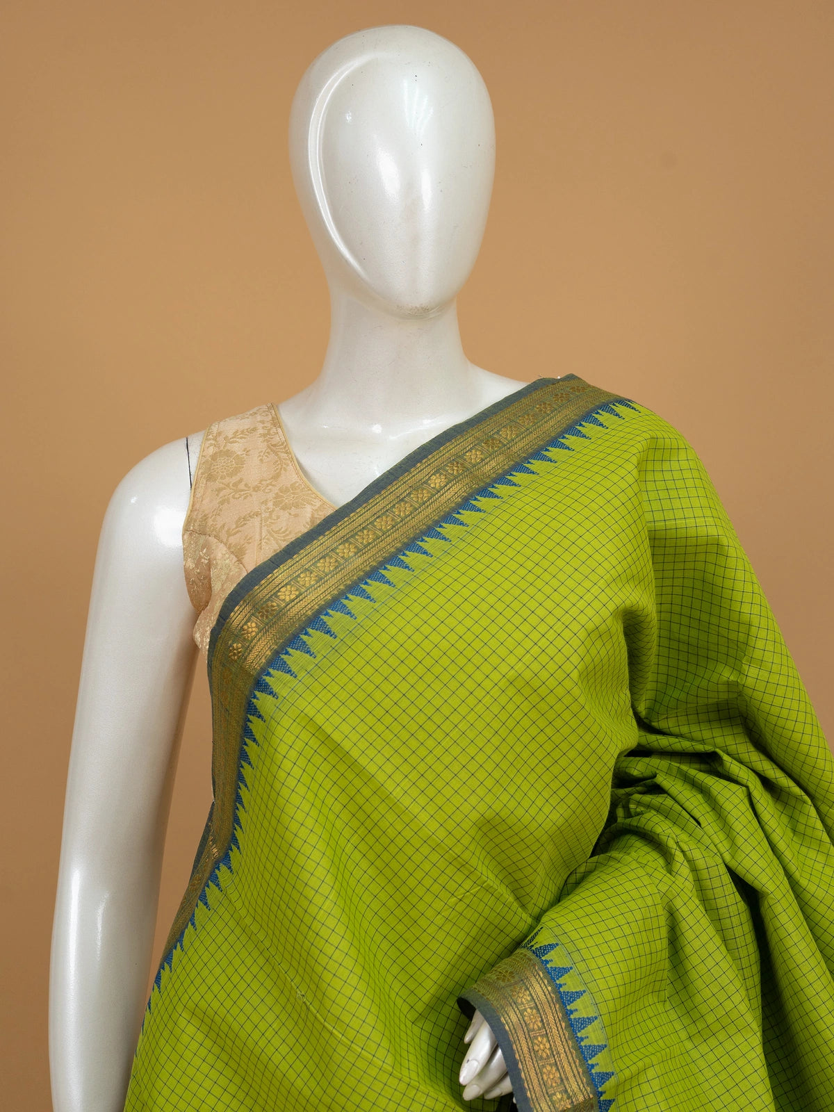 Parrot green Chettinad cotton saree with blue checked body and contrast blue temple zari border