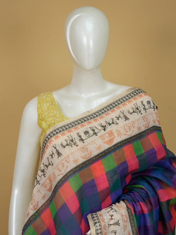 Multicolour checked linen cotton saree with cream Warli-art printed border and pallu