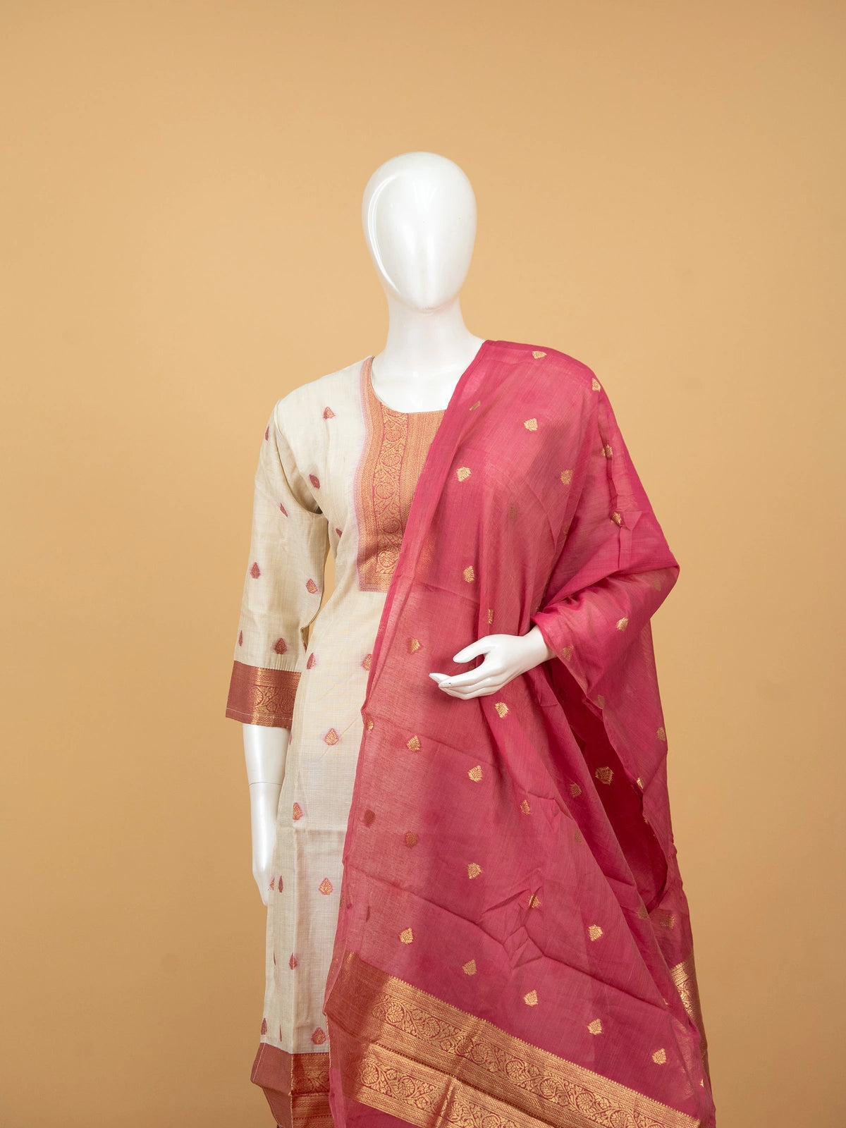 Cream cotton silk zari woven straight cut kurti set with maroon pants and pink zari dupatta