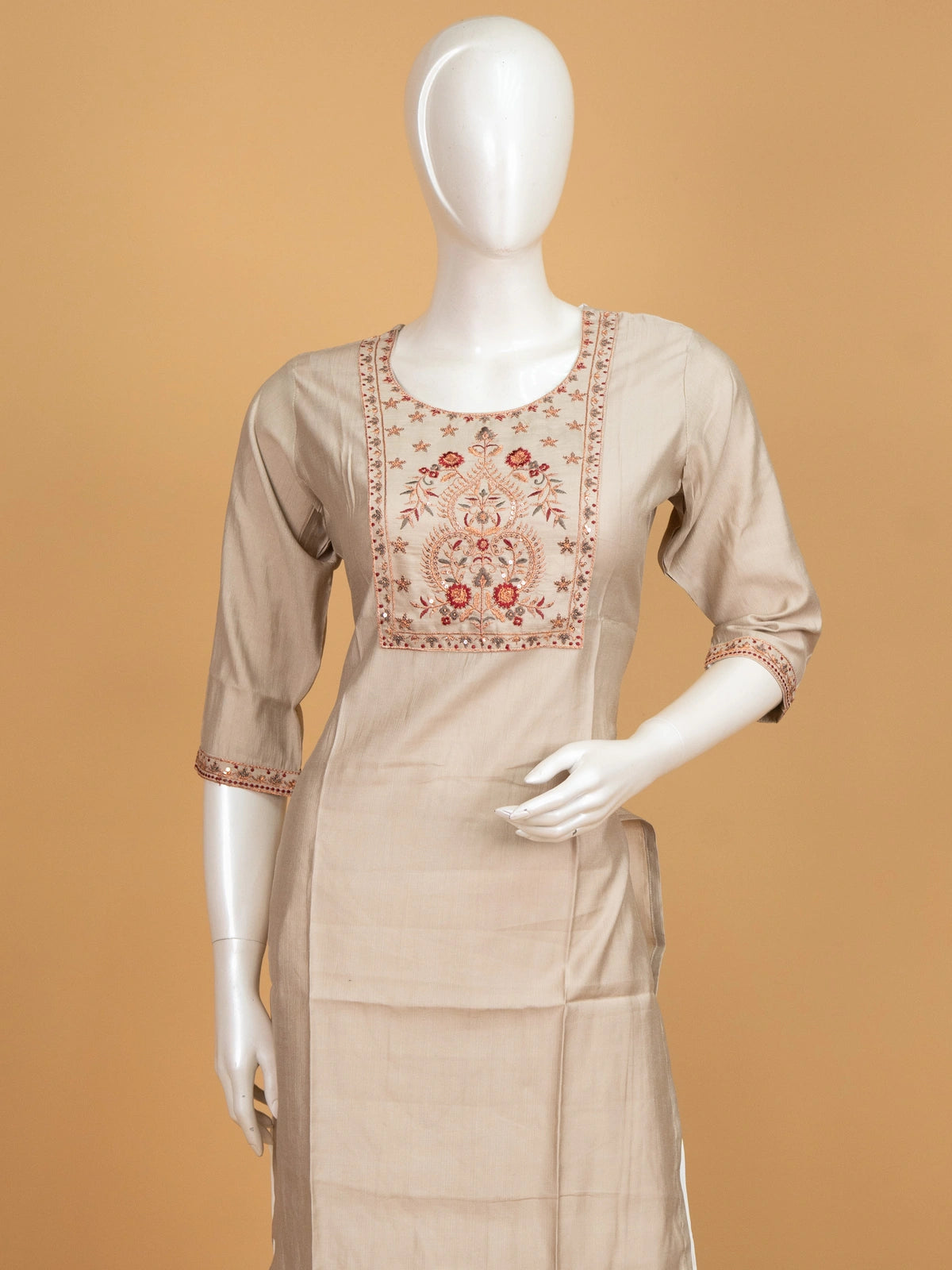 Beige floral embroidered cotton straight cut kurti top with sequin yoke