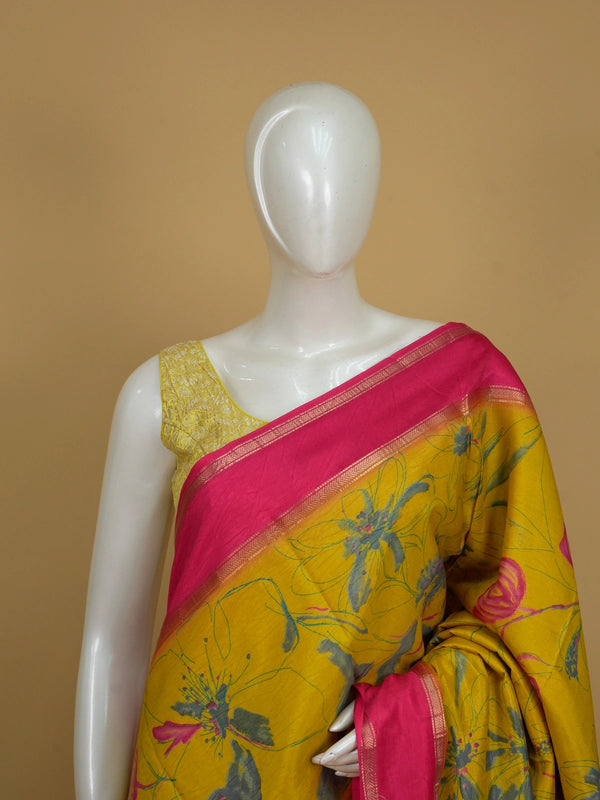 Mustard yellow Dola silk saree with pink zari border and floral print pallu