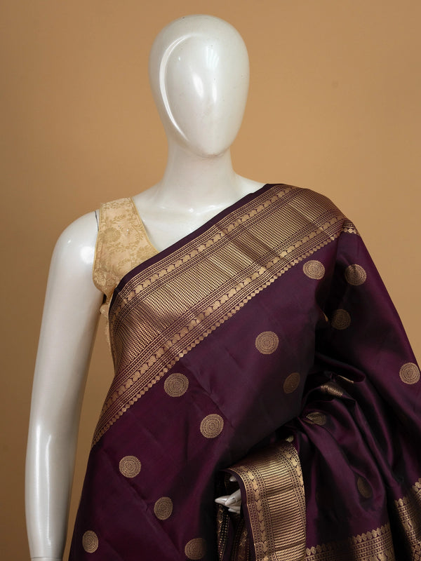 Deep purple pure Kanchipuram silk saree with gold zari circular buttas and contrast gold zari border