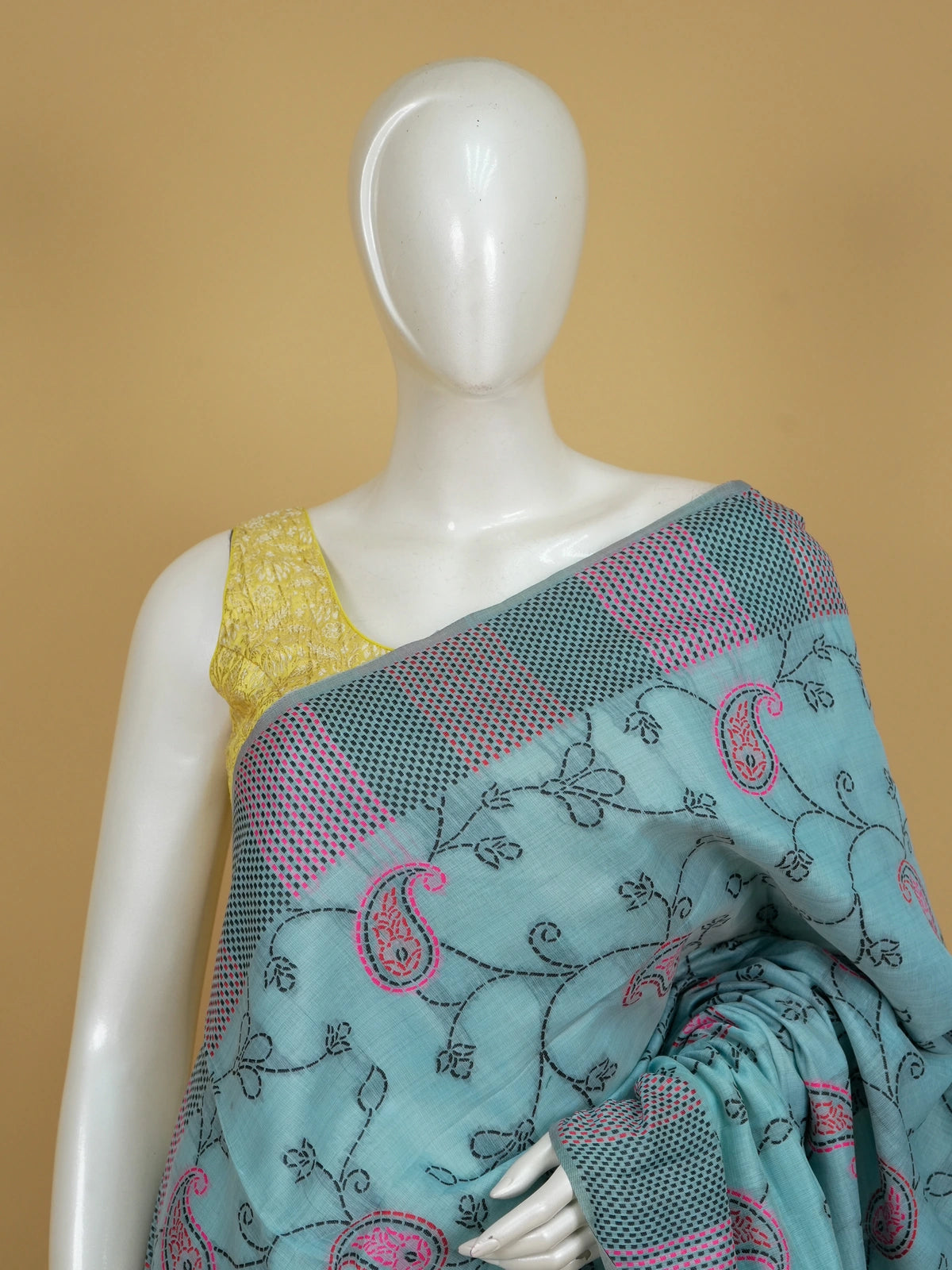 Aqua blue linen cotton saree with pink kantha paisley embroidery and contrast striped border