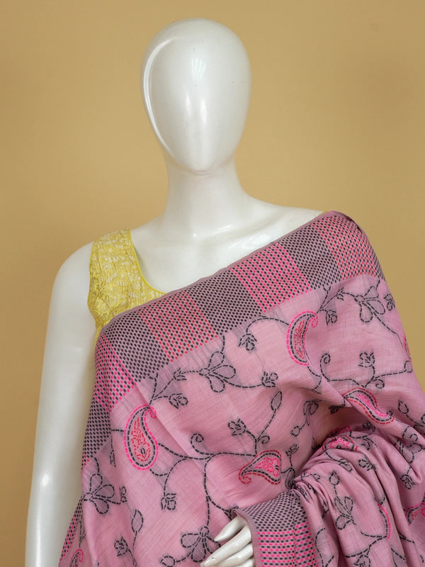Pink linen cotton saree with kantha-style paisley embroidery and striped grey border