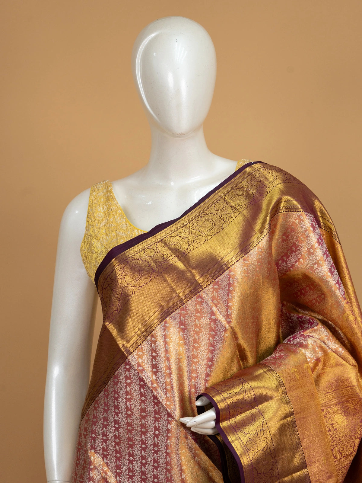 Peach pink and wine pure Kanchipuram silk saree with gold zari floral jaal and contrast border