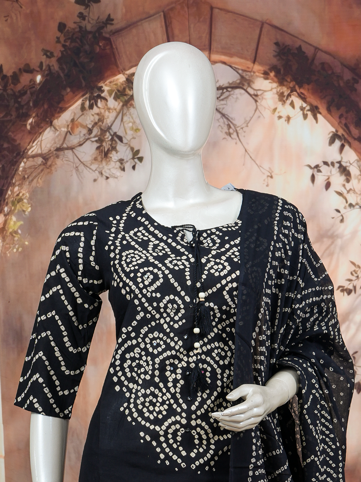 Black and cream Bandhani print cotton kurti set with straight pants and matching dupatta