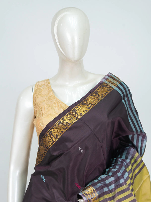 Wine purple Banana Silk saree with gold zari border and contrast yellow striped pallu