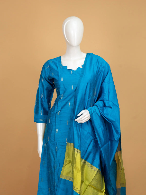 Teal Blue Art Silk zari buti straight cut kurti set with lime green pants and contrast bordered dupatta