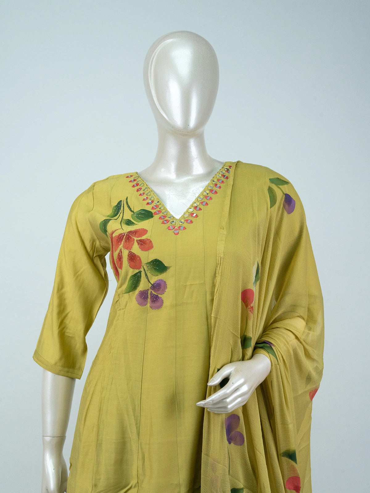 Mehndi Green hand-painted floral Anarkali kurti set with mirror work neckline and matching chiffon dupatta