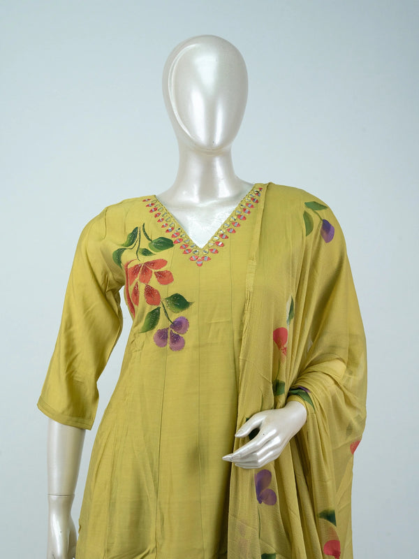 Mehndi Green hand-painted floral Anarkali kurti set with mirror work neckline and matching chiffon dupatta