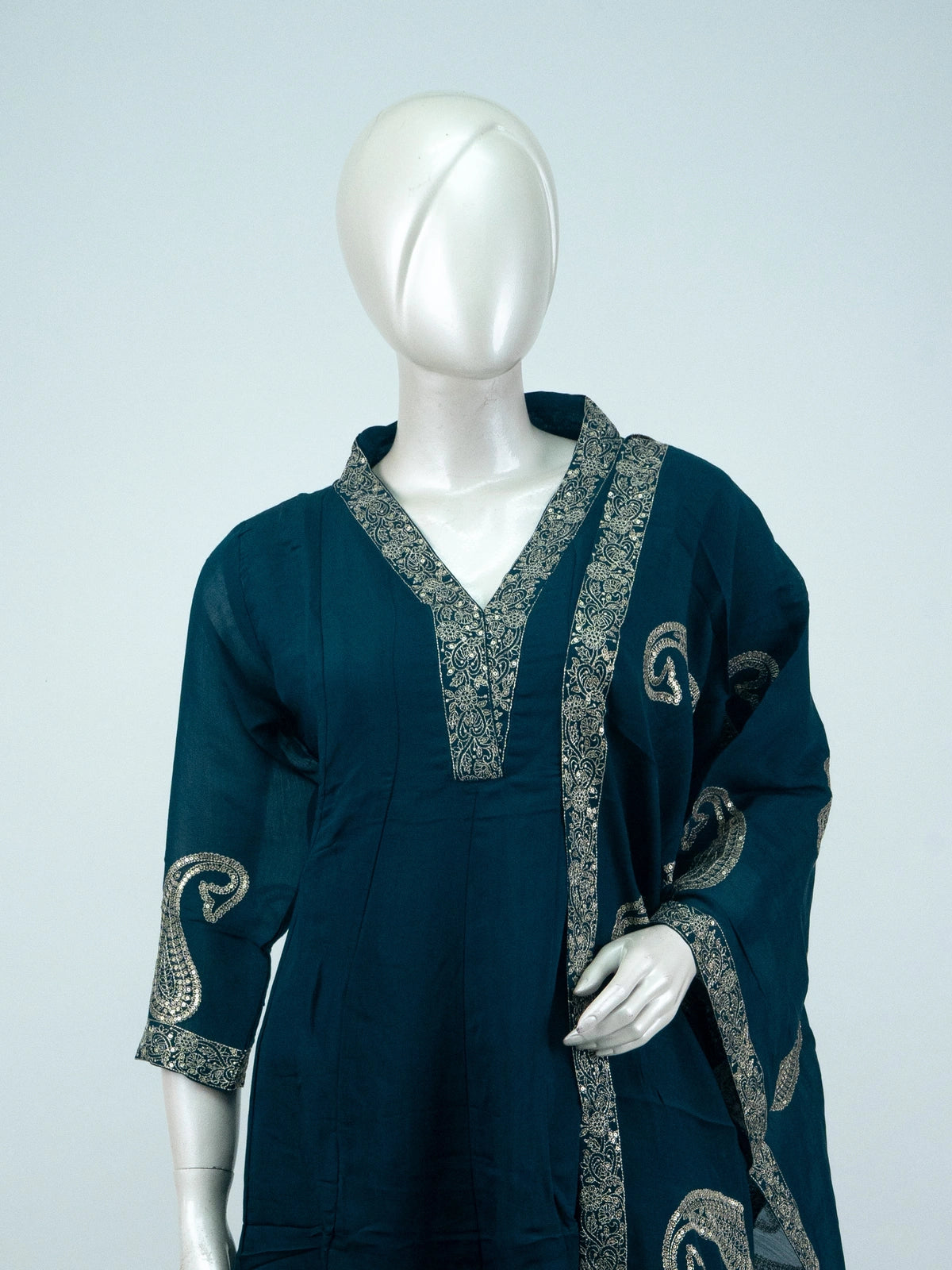 Teal zari embroidered paisley Anarkali kurti set with pants and dupatta