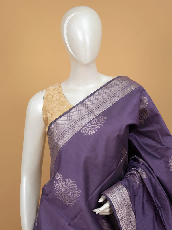Dusty purple silk cotton saree with silver zari buttas and contrast maroon zari border and pallu