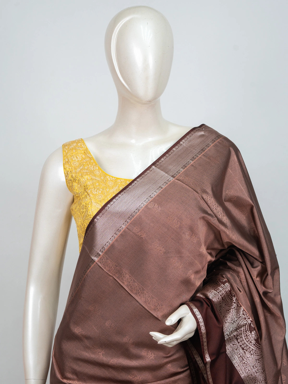 Mauve-brown semi silk saree with copper zari border and woven pallu